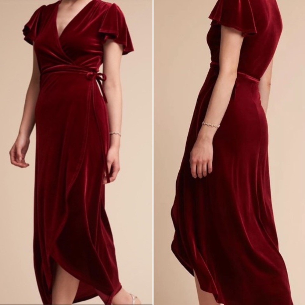 BHLDN Anthropologie Thrive Velvet Wrap Dress in Burgundy Size S